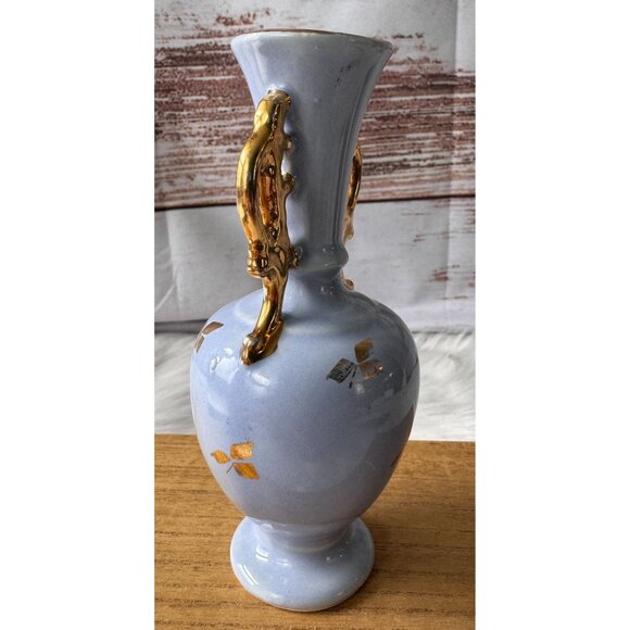 Vintage Light Blue Porcelain Vase With Gold Gilded Handles & Leaf Motif - Picture 4 of 11